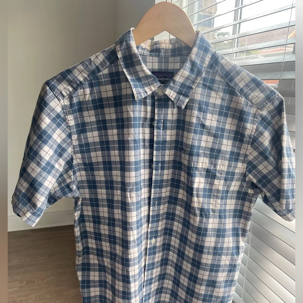 Patagonia Mens Blue Creme Organic Cotton Check Short Sleeve Button Up Shirt US S - Picture 3 of 6